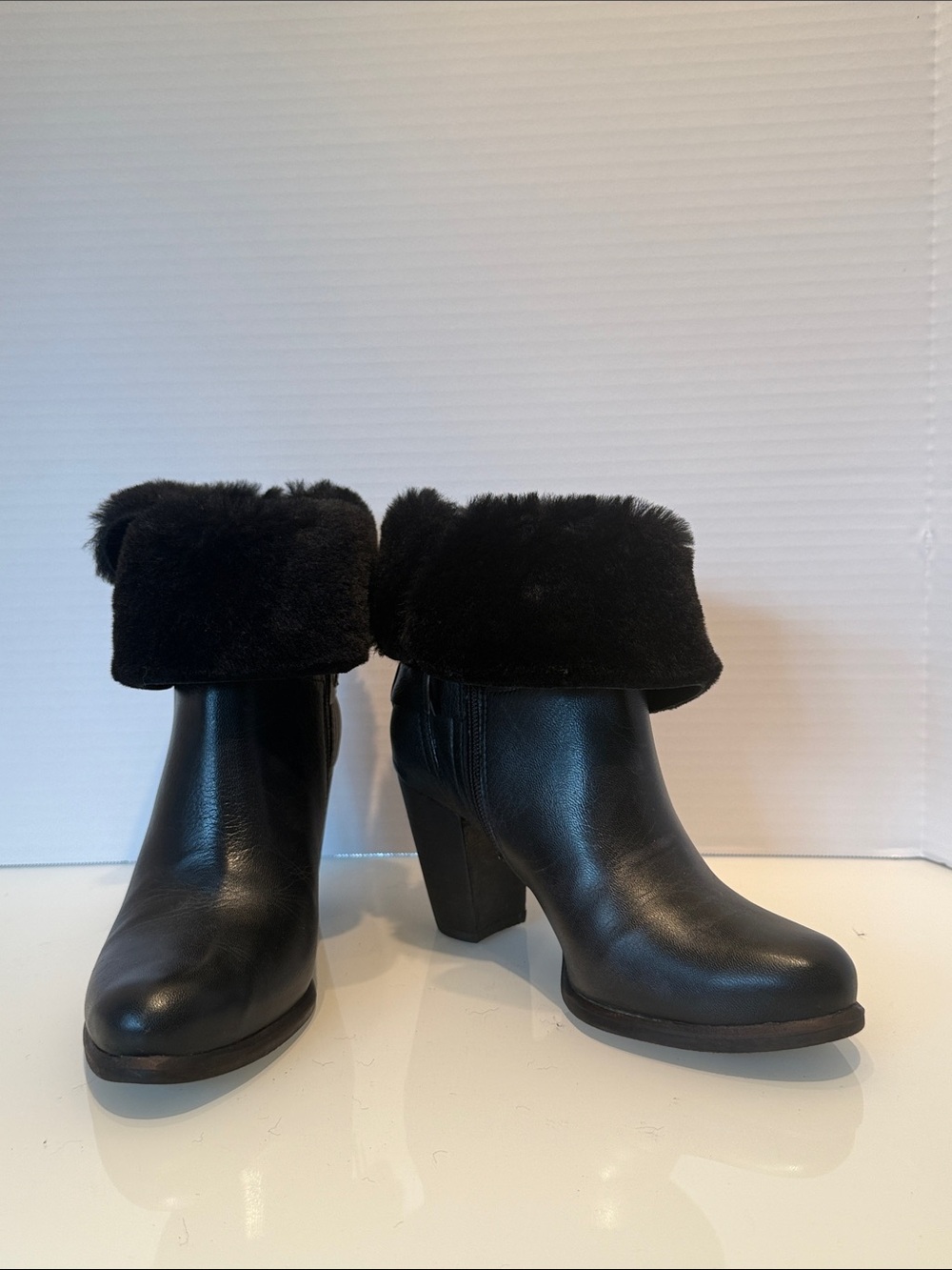 UGG Black Leather Heeled Ankle Boots with Faux Fur Cuff
